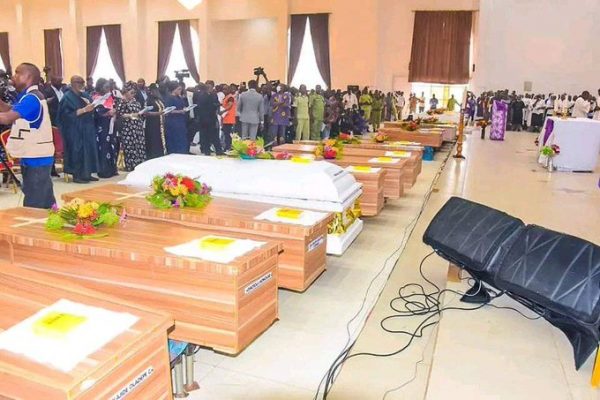 PICTURES: Funeral mass held for worshippers massacred by terrorists in Owo